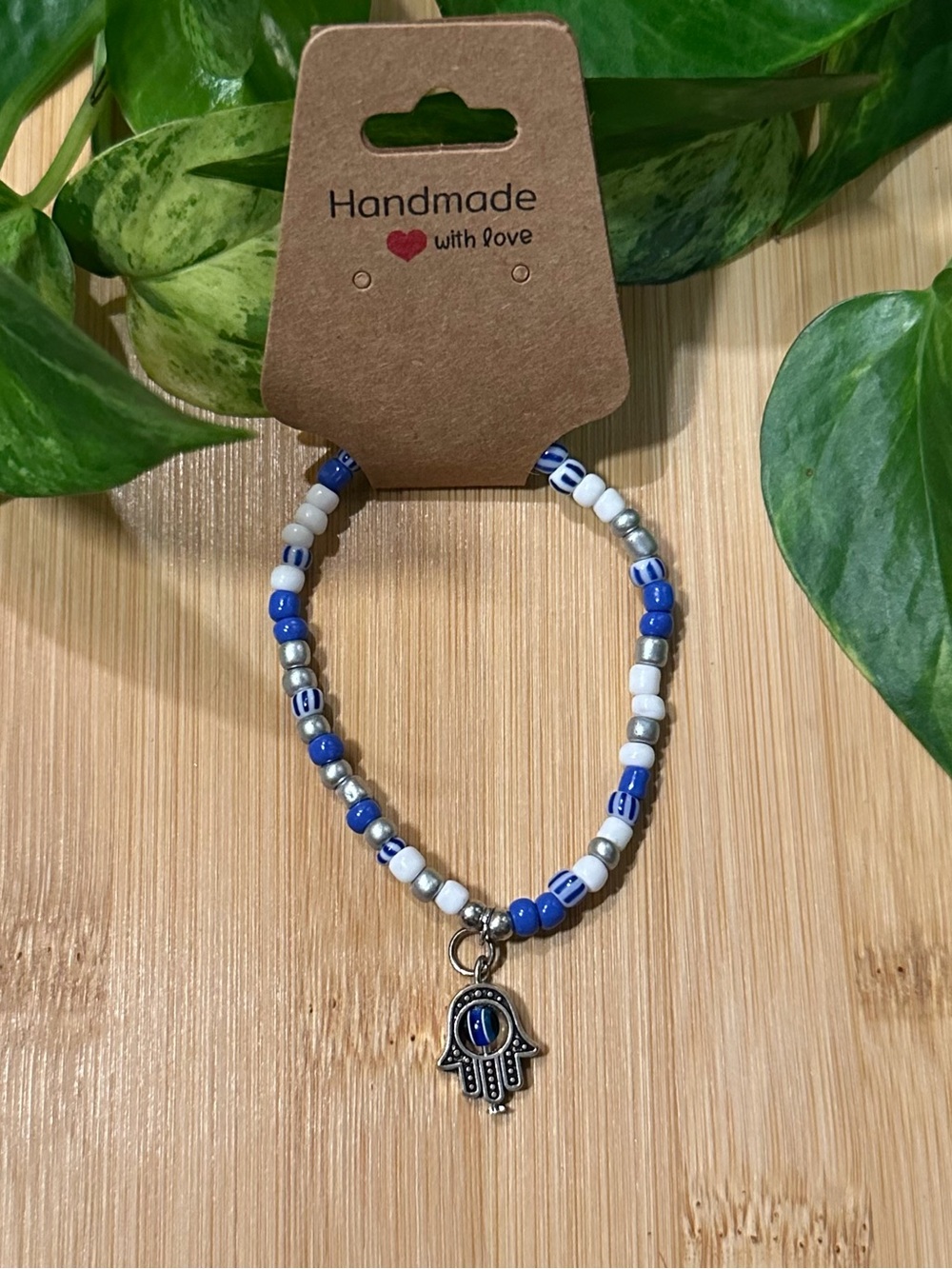 Hamsa Hand Stretchy Beaded Bracelet |‎ Handmade | Silver Dangle Charm